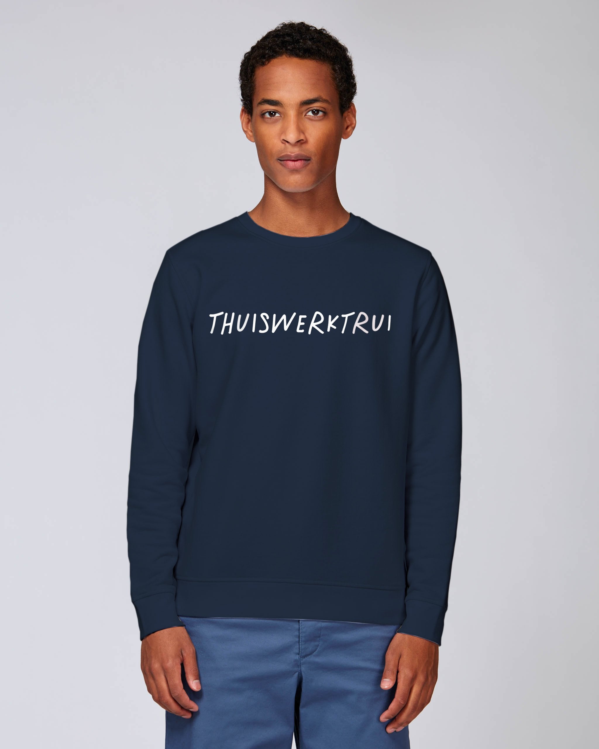 Sweatshirt met geschreven opdruk 'thuiswerktrui' - Witte opdruk Sweatshirt met geschreven opdruk 'thuiswerktrui' - Witte opdruk