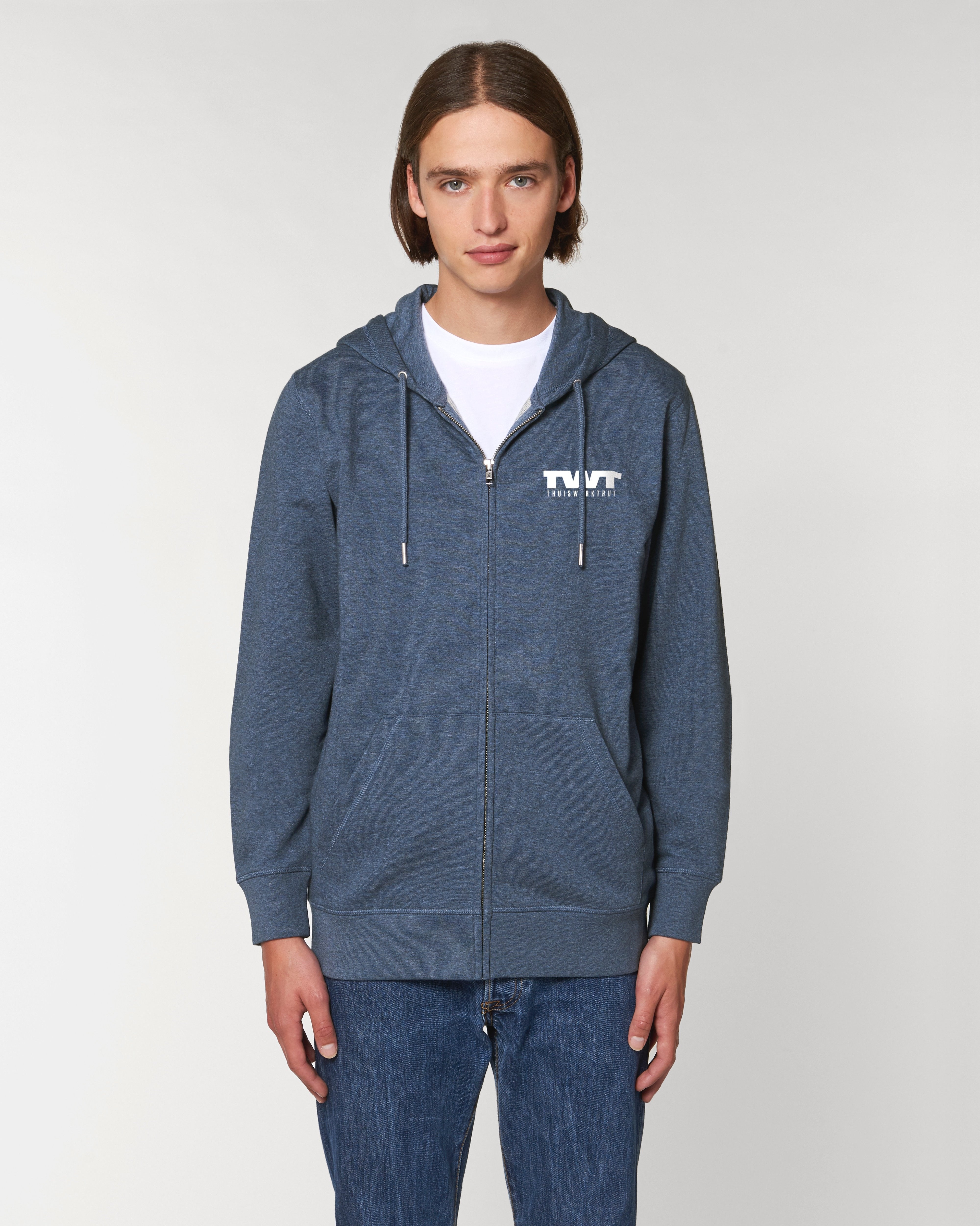 Hoodie met rits met vet geschreven opdruk 'TWT en thuiswerktrui' - Witte opdruk