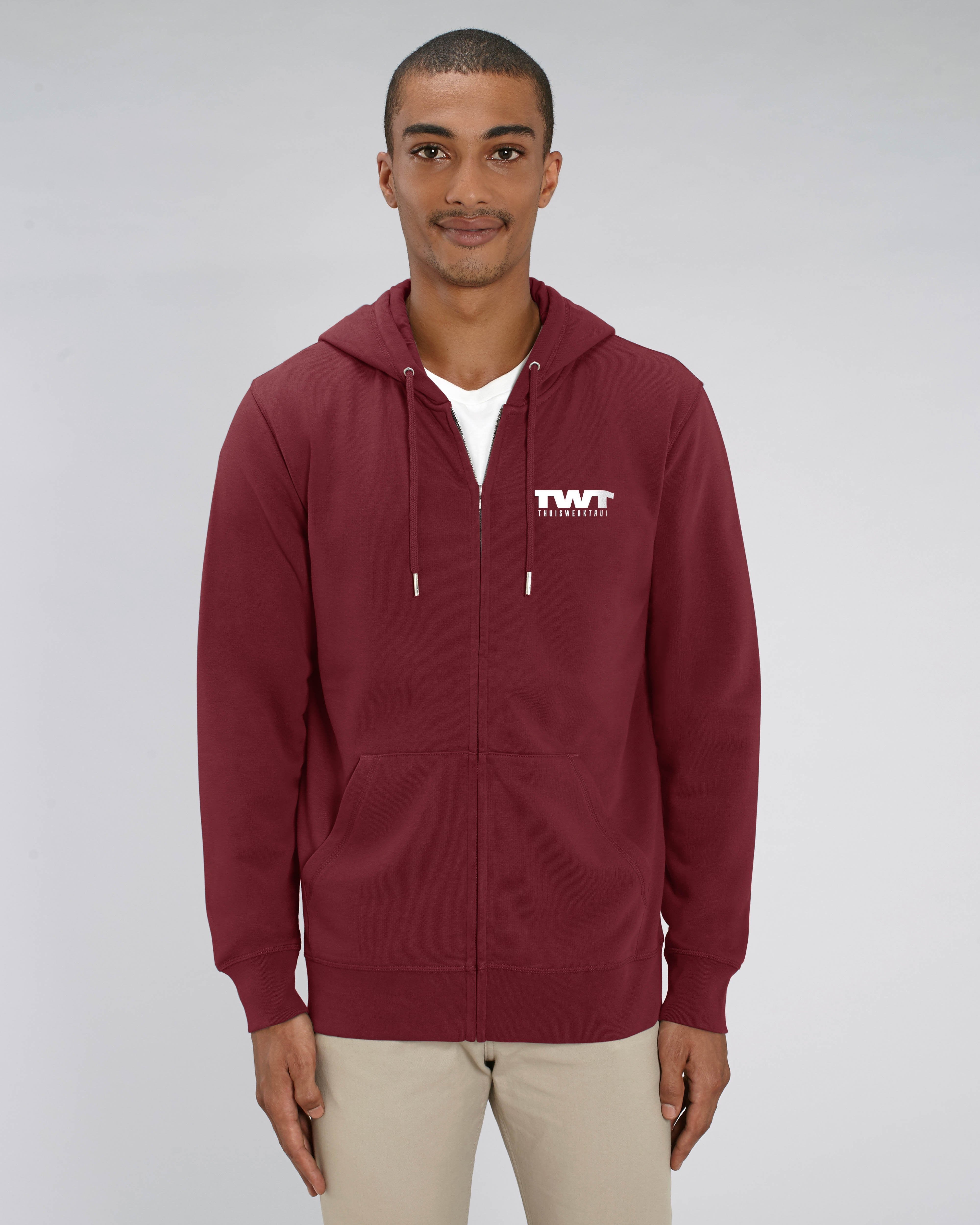 Hoodie met rits met vet geschreven opdruk 'TWT en thuiswerktrui' - Witte opdruk