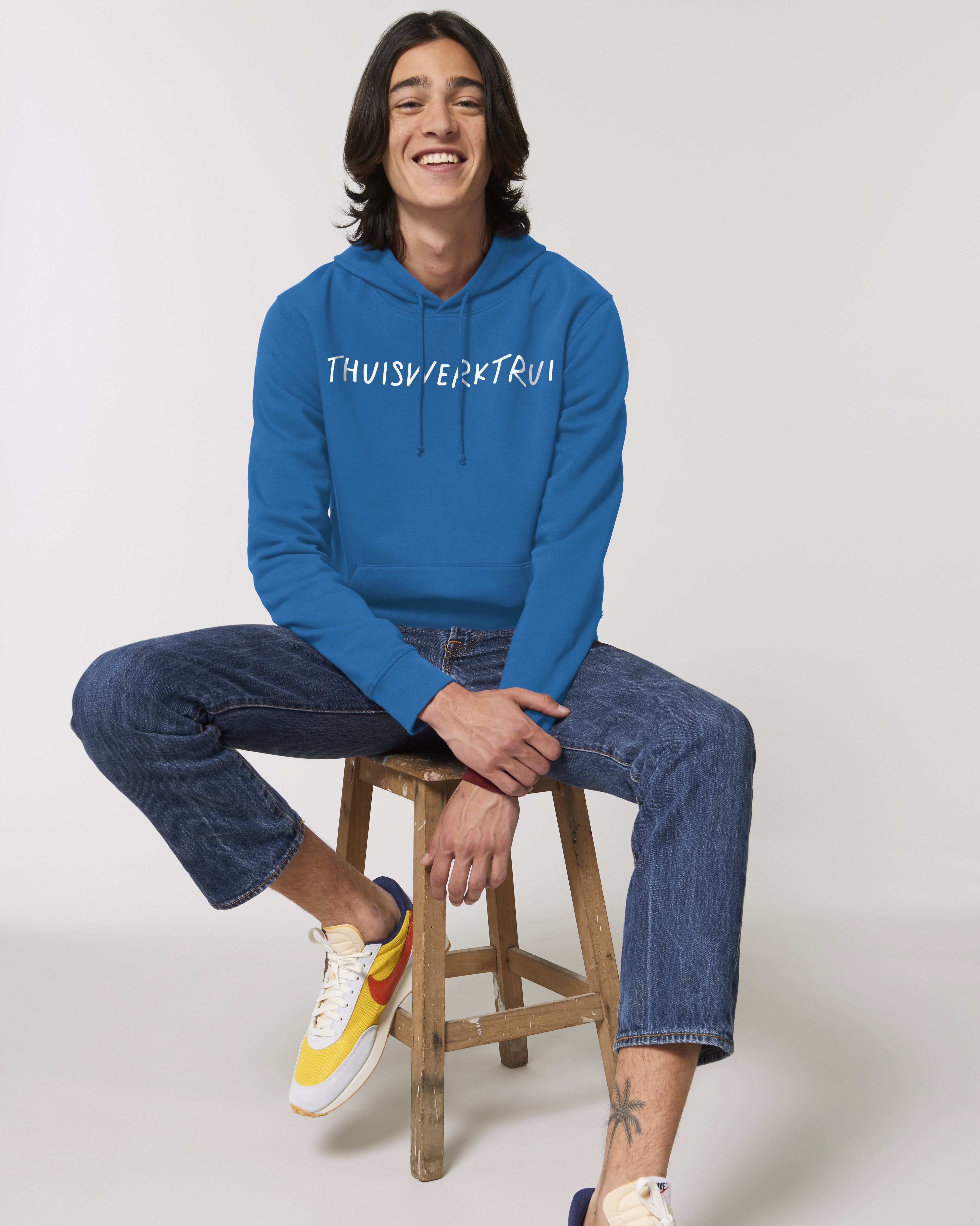 Hoodie met geschreven opdruk 'thuiswerktrui' - Witte opdruk